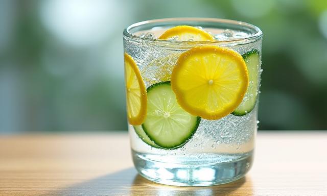 Vaso de agua fresca con rodajas de limón y pepino sobre una mesa rústica, con enfoque en la hidratación