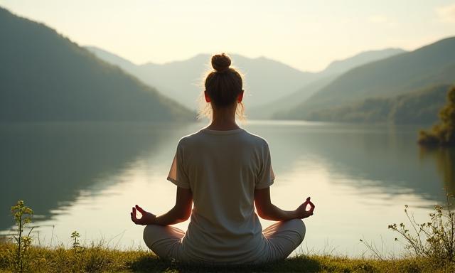 Persona meditando al aire libre en un entorno tranquilo con un lago y montañas