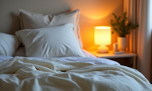 Dormitorio tranquilo y acogedor con almohadas suaves y luz tenue, enfatizando el descanso