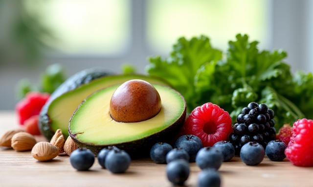 Cesta de superalimentos frescos como aguacate, bayas, espinacas y frutos secos