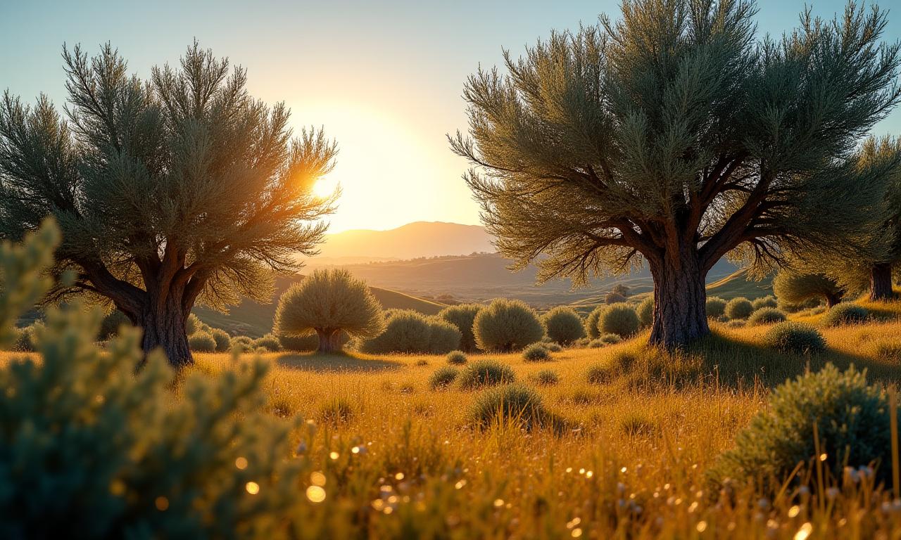 Sereno paisaje natural mediterráneo con olivos al amanecer