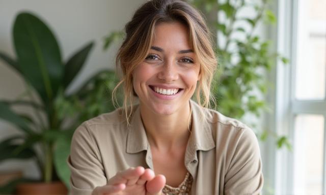 Mujer adulta, con sonrisa amable y genuina, interactuando con alguien, reflejando confianza y bienestar, en un ambiente luminoso que denota salud.