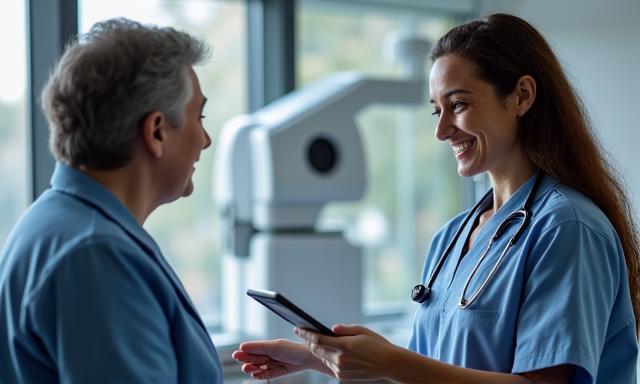 Profesional de la salud (médico o enfermera) con una sonrisa tranquilizadora, explicando resultados en una pantalla o tablet a un paciente adulto (35+), en un entorno de clínica moderna y limpia.