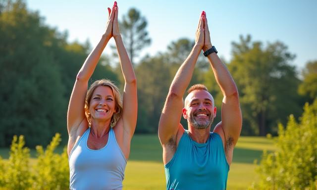 Hombre y mujer adultos (35-50 años) sonriendo y riendo mientras hacen yoga o estiramientos suaves al aire libre, con vegetación exuberante de fondo, evocando bienestar activo.